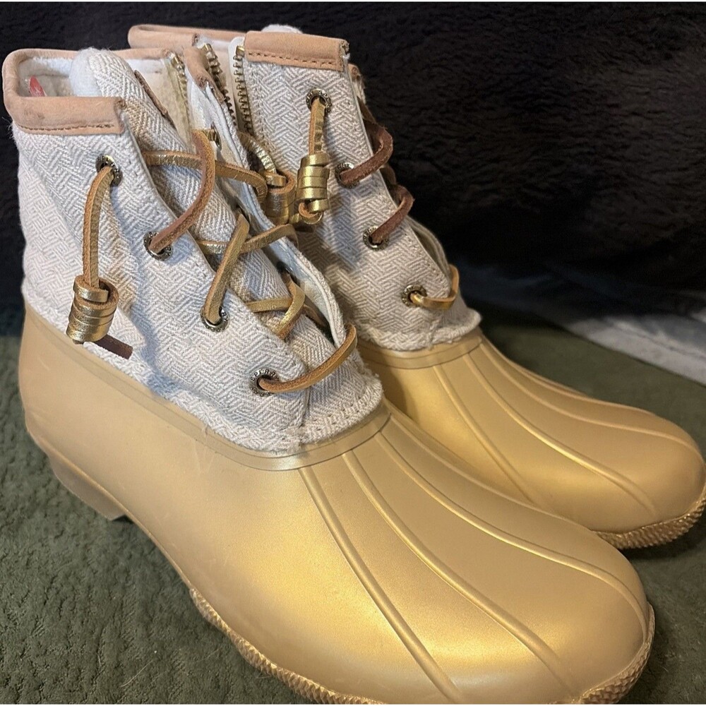 Sperry Waterproof Duck Booties Saltwater Canvas Oat/Gold STS87063 Wmns Size 8